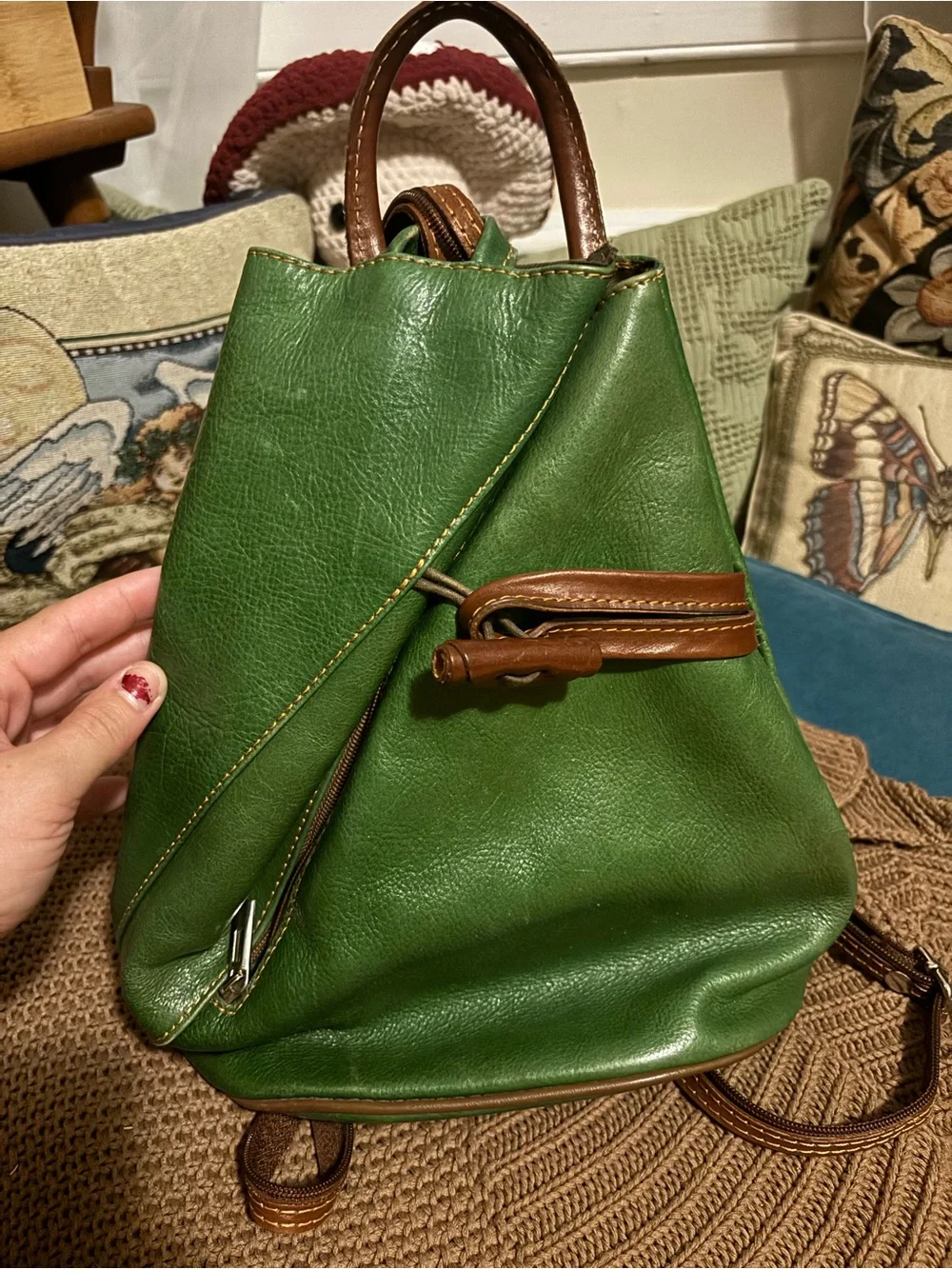 Green Genuine Leather Backpack with Brown Trim